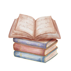 Watercolor illustration of a stack of vintage paper books with an open book on top. Isolated on white background. Perfect for education, book, mystical, magical themes.