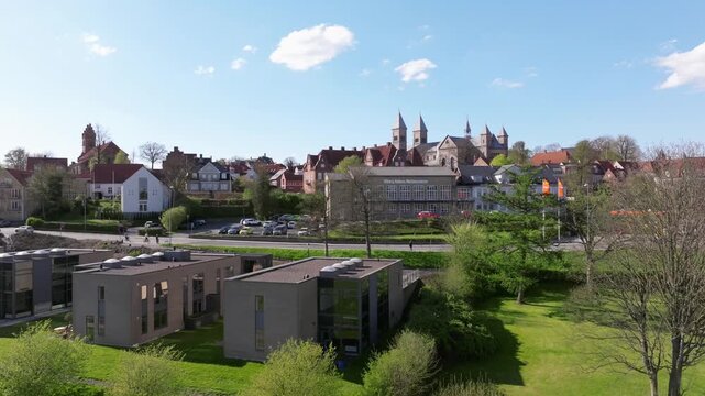 Summer panorama of Viborg, Midtjylland, Denmark. Aerial skyline view of the old town. Viborg ancient cathedral in the middle of Denmark, Traditional danish architecture. Street in Viborg, 