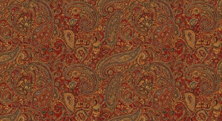 Seamless repeating background pattern featuring traditional paisley motifs mixed with elaborate stylized floral decorations and swirls, fashionable, fabric, elegance
