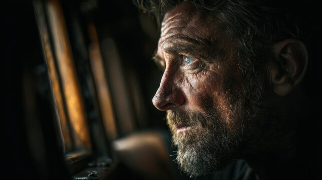 Introspective Gaze: A close-up shot of a weathered man with a contemplative expression, his gaze lost in thought as he peers from a window, shrouded in shadows.