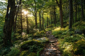 Obraz premium Serene forest path illuminated by sunlight filtering through foliage, surrounded by lush greenery and moss, evoking tranquility in nature's embrace. Perfect for outdoor enthusiasts and nature lovers