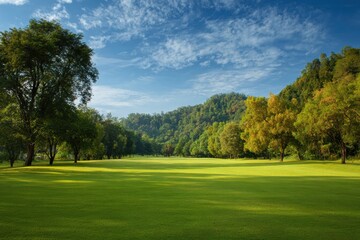 Serene nature landscape with lush green meadow surrounded by diverse trees and a hilly forest backdrop under a clear sky, ideal for leisurely strolls or peaceful outdoor retreats