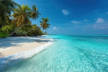 Fototapeta premium Tranquil tropical beach scene with turquoise waves gently lapping soft sand and swaying palm trees, inviting serenity and escape into nature's beauty and relaxation by the sea