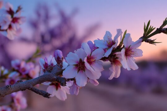 Delicate almond blossoms with pink and white hues amidst blurred violet and blue background, evoking tranquil morning or evening moments in natural landscapes