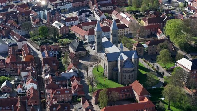 Summer panorama of Viborg, Midtjylland, Denmark. Aerial skyline view of the old town. Viborg ancient cathedral in the middle of Denmark, Traditional danish architecture. Street in Viborg, 