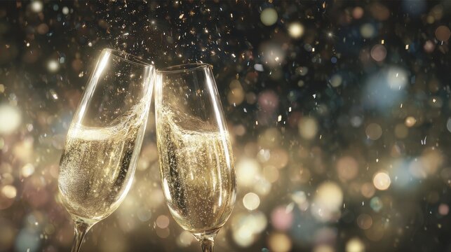 a festive banner featuring champagne glasses clinking against an abstract background of sparkling lights creating a magical atmosphere for celebration and a new years eve greeting card generative ai