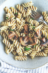 fusilli pasta, in creamy mushroom sauce, pasta with mushrooms, homemade, no people,