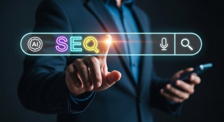 SEO and Digital Technology: A person's hand reaches out to touch a vibrant digital search bar highlighting the power of SEO. The glowing letters spell SEO.