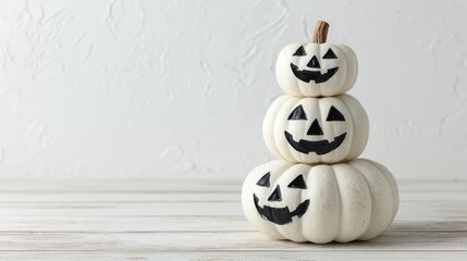 three white pumpkins with black jackolantern faces stacked on a white wood surface against a white background showcasing a halloween theme with ample free space for text