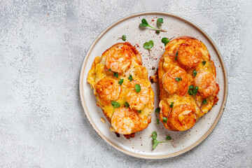 sandwiches with shrimp and cheese, baked in the oven, with microgreens, breakfast, homemade, no people,