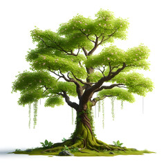 A majestic, ancient tree stands tall and proud against a white background
