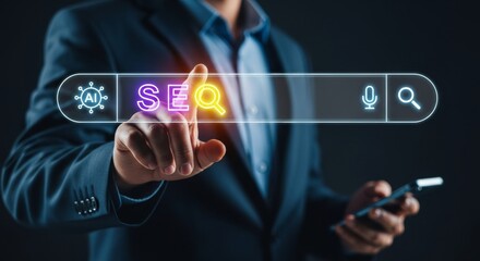 SEO in hand: A tech-savvy individual interacts with a digital search bar, symbolizing the power of Search Engine Optimization (SEO).  Illuminating the path to online visibility and digital success.
