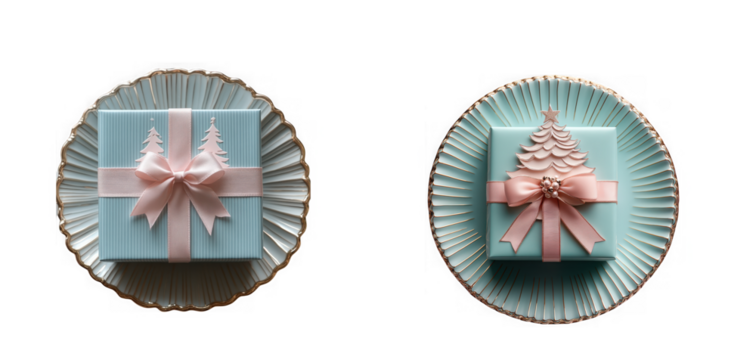 Two pastel blue gift boxes with pink ribbon and bows on decorative plates, isolated on transparent background