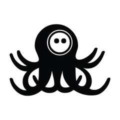 A simple black and white graphic illustration of an octopus with eight tentacles and circular eyes
