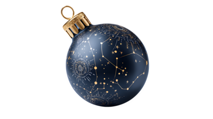 Matte navy blue bauble with gold foil constellation pattern, celestial holiday theme, isolated on white background