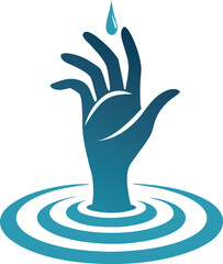 A blue hand with a water drop falling into a pool of water, symbolizing purity, conservation, and the importance of water resources