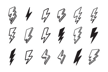 Hand drawn vector doodle electric lightning bolt set. Lightning symbol sketch symbol doodle icon.