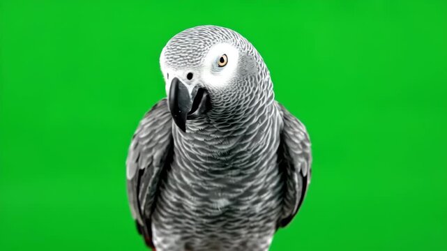 Close-up of African Grey Parrot in Front of Green Screen