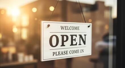 Open for Business: A welcoming Open sign hangs invitingly in a storefront window, illuminated by warm sunlight, signifying readiness to serve.