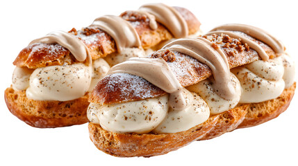 Mini Christmas ?clairs filled with eggnog cream and topped with nutmeg glaze, choux pastry holiday twist, isolated on white background