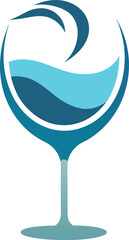 Stylized wine glass filled with blue liquid and wave, represents wine tasting, refreshment, and the art of winemaking in a modern design