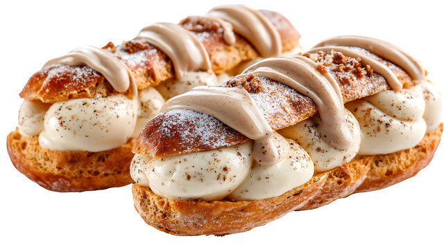 Mini Christmas ?clairs filled with eggnog cream and topped with nutmeg glaze, choux pastry holiday twist, isolated on white background - Powered by Adobe
