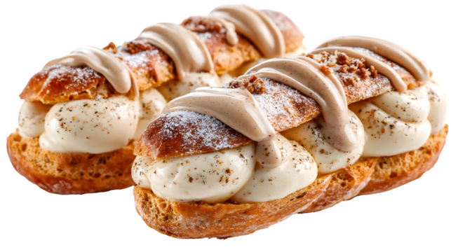 Mini Christmas ?clairs filled with eggnog cream and topped with nutmeg glaze, choux pastry holiday twist, isolated on white background