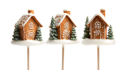 Mini gingerbread houses on lollipop sticks, iced with snow and tiny gumdrop trees, portable holiday treats, isolated on white background