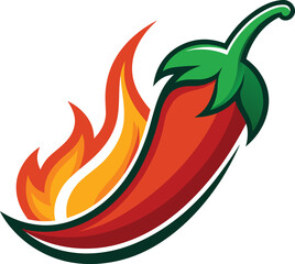 Illustration of a red chili pepper with flames the pepper is slightly curved with a green stem, suggesting a spicy and fiery ingredient