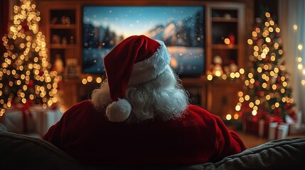 Naklejka premium Merry Christmas. Santa Claus sits on a sofa at home, holding a remote control and watching TV, seen from behind.