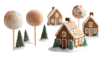 Mini gingerbread houses on lollipop sticks, iced with snow and tiny gumdrop trees, portable holiday treats, isolated on white background