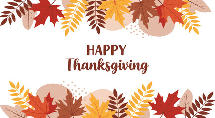 Happy Thanksgiving greeting card with colorful autumn leaves and abstract shapes on a white background, celebrating the fall season., a festive holiday graphic card, invitation card