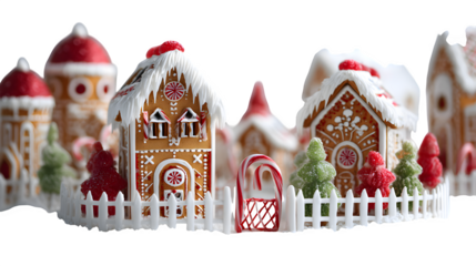 Mini gingerbread village with iced rooftops, gumdrop trees, and a peppermint fence, intricate edible architecture, isolated on white background