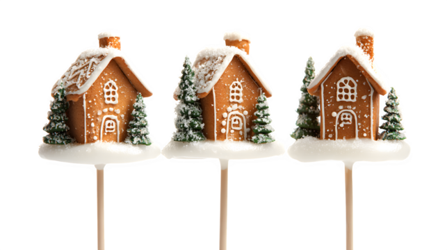 Mini gingerbread houses on lollipop sticks, iced with snow and tiny gumdrop trees, portable holiday treats, isolated on white background