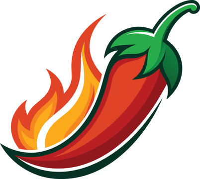 Illustration of a red chili pepper with flames the pepper is slightly curved with a green stem, suggesting a spicy and fiery ingredient