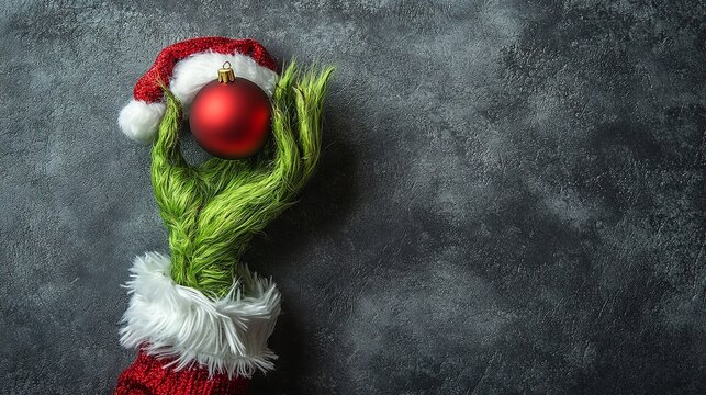 A green, hairy creature&rsquo;s hand dressed in a Santa costume holds a Christmas ornament against a grey background