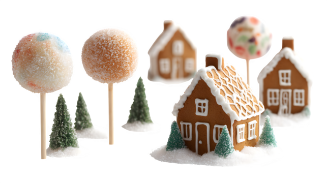 Mini gingerbread houses on lollipop sticks, iced with snow and tiny gumdrop trees, portable holiday treats, isolated on white background