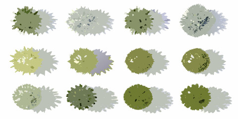 Collection of twelve stylized top down view trees with distinct foliage colors and cast shadows © Partha
