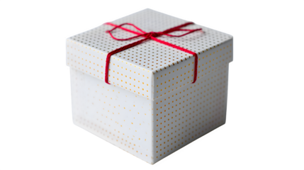Minimal gift box in pure white paper with single red thread detail and micro gold foil dot, ultra-modern, isolated on white background