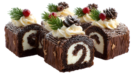 Mini yule log cupcakes with chocolate sponge, cream filling, and bark-textured icing, individual holiday dessert, isolated on white background