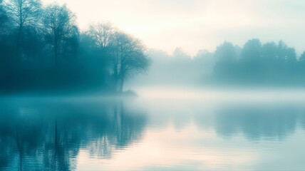 Quiet morning fog over the serene lake