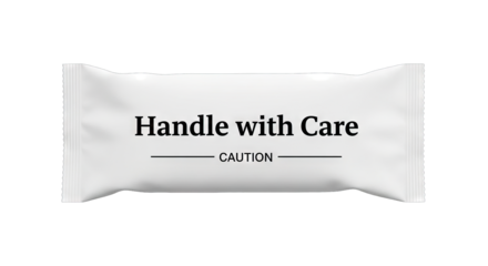 Handle with Care Caution Label on White Packaging.