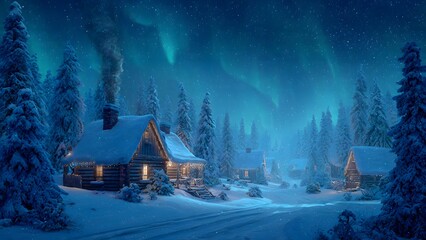 Christmas in Nature in snow forest, wooden cabin, glowing lights, pine trees, northern lights