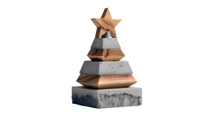 Minimalist concrete and wood hybrid Christmas tree with raw edges and warm wood star, industrial minimalism, isolated on white background