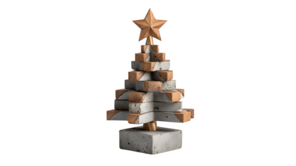 Minimalist concrete and wood hybrid Christmas tree with raw edges and warm wood star, industrial minimalism, isolated on white background