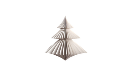 Minimalist folded paper Christmas tree in origami style, crisp white with single red dot, isolated on white background