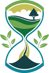 A captivating hourglass logo design, symbolizing the preciousness of time and the beauty of nature, with lush green hills, a serene tree, and flowing water