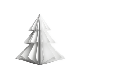 Minimalist folded paper Christmas tree in origami style, crisp white with single red dot, isolated on white background