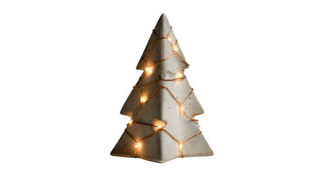Minimalist concrete Christmas tree sculpture with smooth matte finish and embedded copper wire lights, isolated on white background - Powered by Adobe