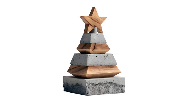Minimalist concrete and wood hybrid Christmas tree with raw edges and warm wood star, industrial minimalism, isolated on white background